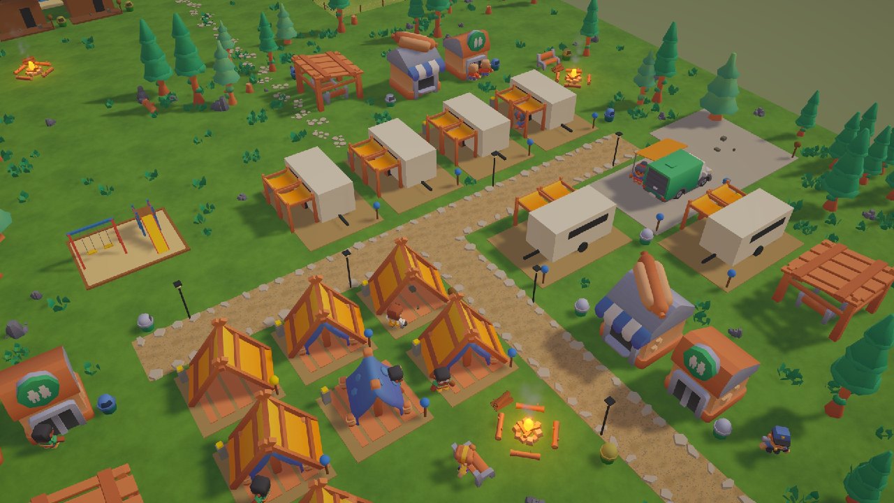 A sunny campground full of tents, caravans, a playground, campfires and a kiosk, seen from above.