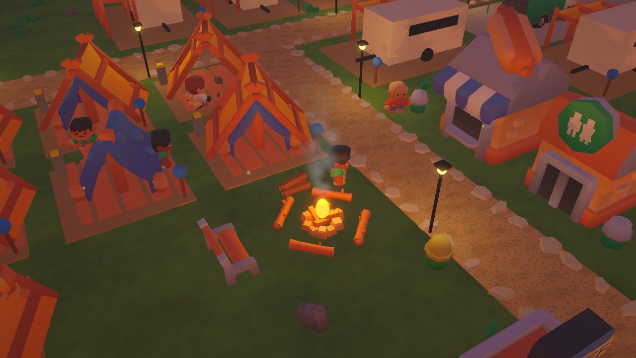 The same campground in the evening, lit by lamp posts and the glow of the campfire.