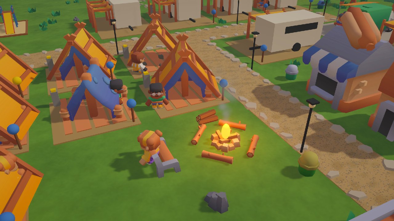 Guests relaxing between colourful tents around a crackling campfire.